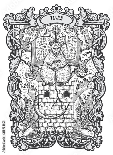 Tower. Major Arcana tarot card. The Magic Gate deck. Fantasy engraved vector illustration with occult mysterious symbols and esoteric concept