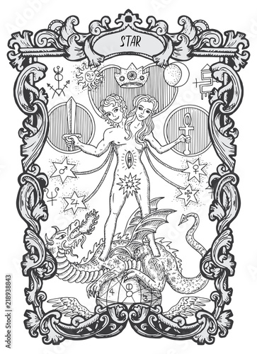 Star. Major Arcana tarot card. The Magic Gate deck. Fantasy engraved vector illustration with occult mysterious symbols and esoteric concept
