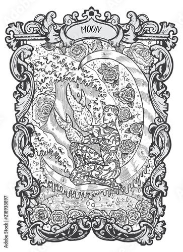Moon. Major Arcana tarot card. The Magic Gate deck. Fantasy engraved vector illustration with occult mysterious symbols and esoteric concept