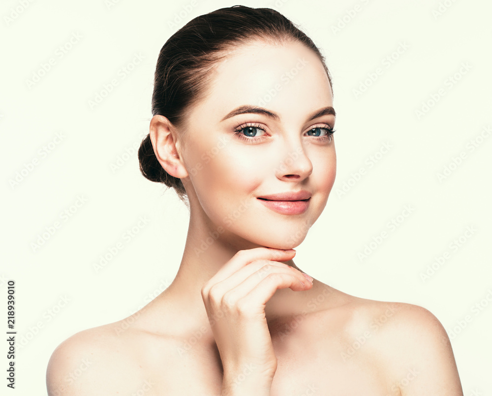 Beautiful woman cosmetology face closeup beauty skin care female portrait isolated on white