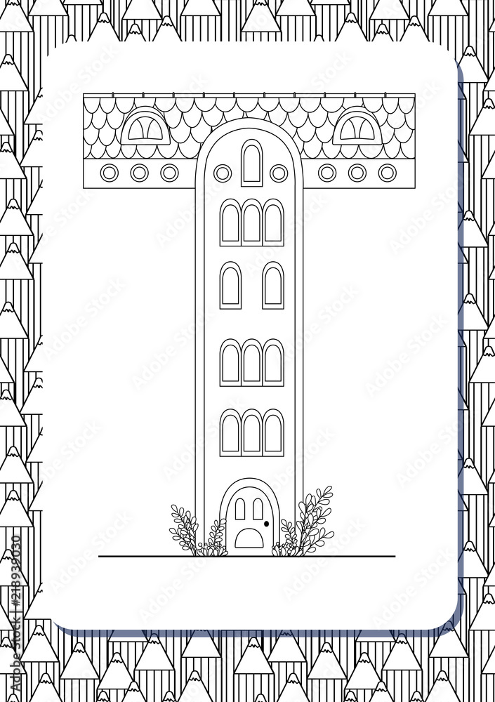 Plakat Cartoon letter T drawn in the shape of house. Vertical page for coloring book
