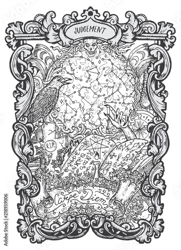 judgement. Major Arcana tarot card. The Magic Gate deck. Fantasy engraved vector illustration with occult mysterious symbols and esoteric concept