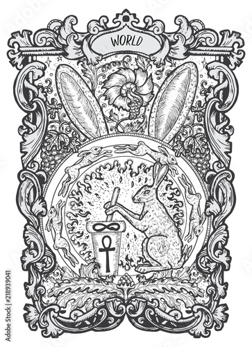 World. Major Arcana tarot card. The Magic Gate deck. Fantasy engraved vector illustration with occult mysterious symbols and esoteric concept