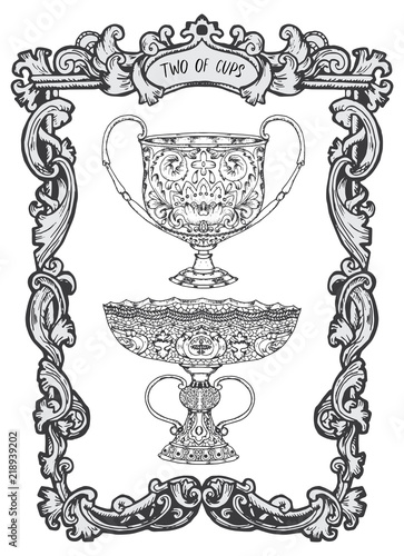 Two of cups. Minor Arcana tarot card. The Magic Gate deck. Fantasy engraved vector illustration with occult mysterious symbols and esoteric concept