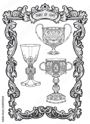 Three of cups. Minor Arcana tarot card. The Magic Gate deck. Fantasy engraved vector illustration with occult mysterious symbols and esoteric concept