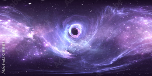 360 degree massive black hole panorama, equirectangular projection, environment map. HDRI spherical panorama. Space background with black hole and stars