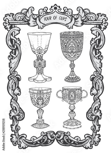 Four of cups. Minor Arcana tarot card. The Magic Gate deck. Fantasy engraved vector illustration with occult mysterious symbols and esoteric concept