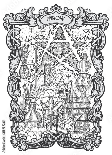 Magician. Major Arcana tarot card. The Magic Gate deck. Fantasy engraved vector illustration with occult mysterious symbols and esoteric concept