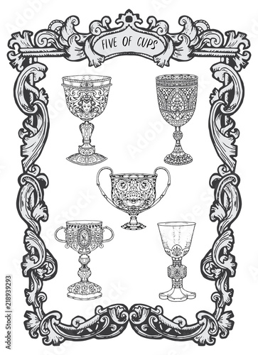 Five of cups. Minor Arcana tarot card. The Magic Gate deck. Fantasy engraved vector illustration with occult mysterious symbols and esoteric concept