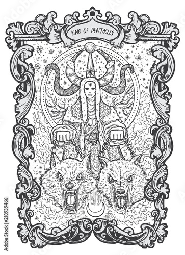 King of pentacles. Minor Arcana tarot card. The Magic Gate deck. Fantasy engraved vector illustration with occult mysterious symbols and esoteric concept