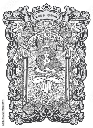 Queen of pentacles. Minor Arcana tarot card. The Magic Gate deck. Fantasy engraved vector illustration with occult mysterious symbols and esoteric concept