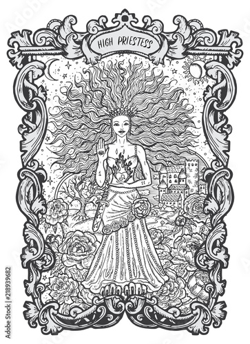 High Priestess. Major Arcana tarot card. The Magic Gate deck. Fantasy engraved vector illustration with occult mysterious symbols and esoteric concept