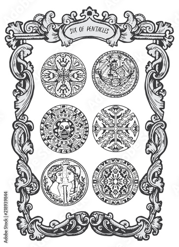 Six of pentacles. Minor Arcana tarot card. The Magic Gate deck. Fantasy engraved vector illustration with occult mysterious symbols and esoteric concept