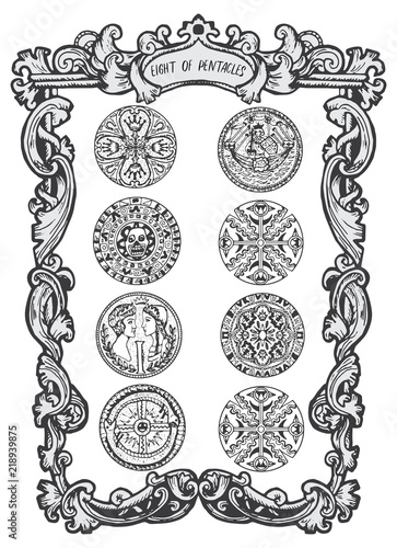 Eight of pentacles. Minor Arcana tarot card. The Magic Gate deck. Fantasy engraved vector illustration with occult mysterious symbols and esoteric concept