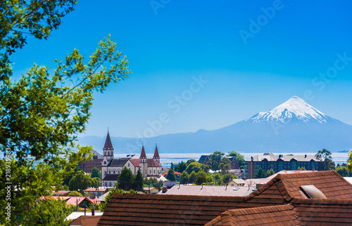 Osorno volcano and Llanquihue Lake, Parque, Lake District, Puerto Varas, Chile. Copy space for text. photo
