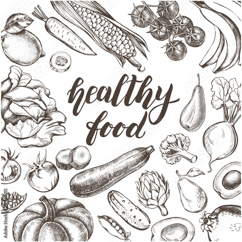 Background with Ink hand drawn various vegetables and fruits. Healthy vegetarian  food elements composition with brush calligraphy style lettering. Vector illustration.