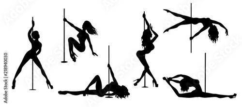 set of vector silhouette of girl and pole on a white background. Pole dance illustration for fitness, striptease dancers, exotic dance. Illustration EPS10 for logotype, badge, icon, logo, banner, tag.