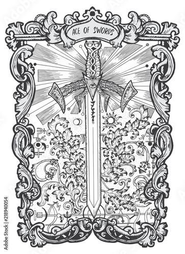Ace of swords. Minor Arcana tarot card. The Magic Gate deck. Fantasy engraved vector illustration with occult mysterious symbols and esoteric concept