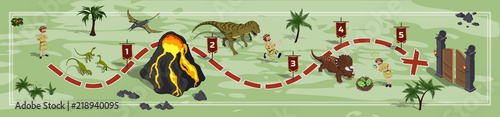 Dinosaurs world map in cartoon style. Landscape with a path image. Adventure in dino park in isometric style. Board maze. Vector illustration