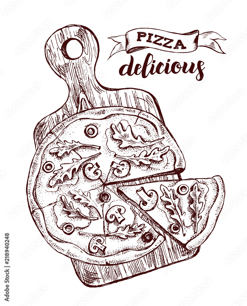 Fototapeta Sliced pizza with Ruccola and champignons on a wooden cutting board. Italian cuisine. Ink hand drawn Vector illustration. Top view. Food element for menu design.