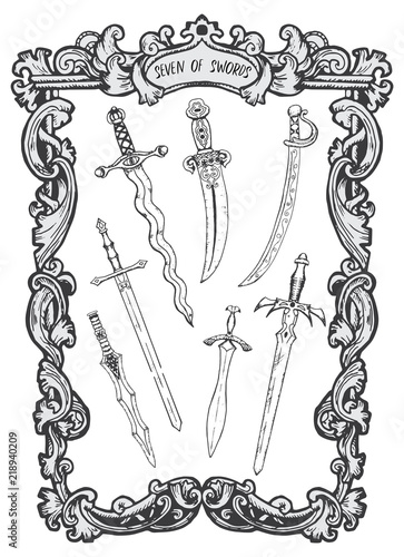 Seven of swords. Minor Arcana tarot card. The Magic Gate deck. Fantasy engraved vector illustration with occult mysterious symbols and esoteric concept