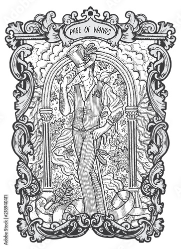 Page of wands. Minor Arcana tarot card. The Magic Gate deck. Fantasy engraved vector illustration with occult mysterious symbols and esoteric concept