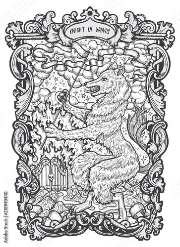 Knight of wands. Minor Arcana tarot card. The Magic Gate deck. Fantasy engraved vector illustration with occult mysterious symbols and esoteric concept