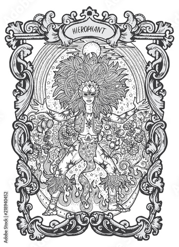 Hierophant. Major Arcana tarot card. The Magic Gate deck. Fantasy engraved vector illustration with occult mysterious symbols and esoteric concept