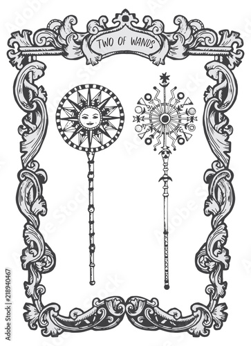 Two of wands. Minor Arcana tarot card. The Magic Gate deck. Fantasy engraved vector illustration with occult mysterious symbols and esoteric concept