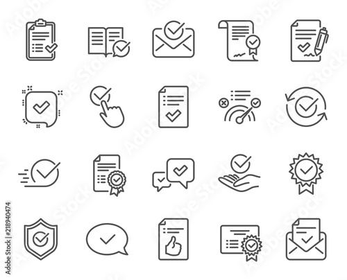 Approve line icons. Set of Check List, Certificate and Award medal linear icons. Certified document, Accepted approve and Confirm mail symbols. Guarantee, Check mark and Correct agreement signs