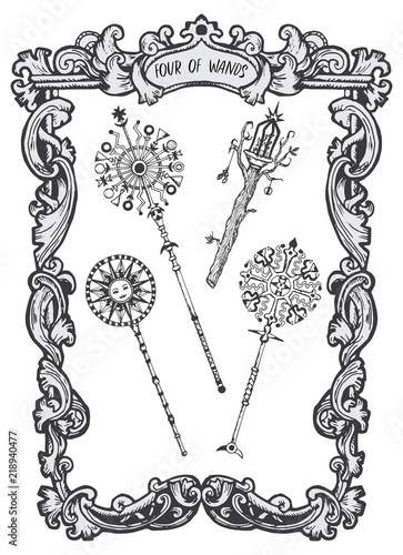 Four of wands. Minor Arcana tarot card. The Magic Gate deck. Fantasy engraved vector illustration with occult mysterious symbols and esoteric concept