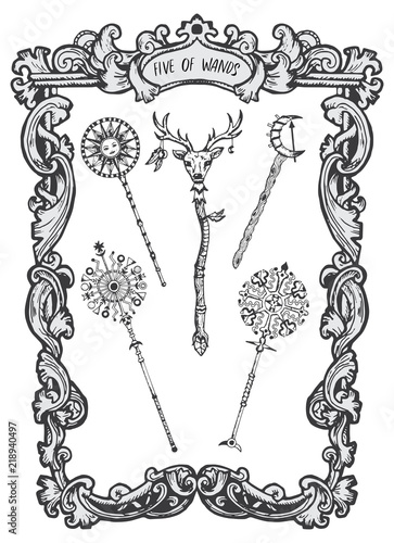 Five of wands. Minor Arcana tarot card. The Magic Gate deck. Fantasy engraved vector illustration with occult mysterious symbols and esoteric concept