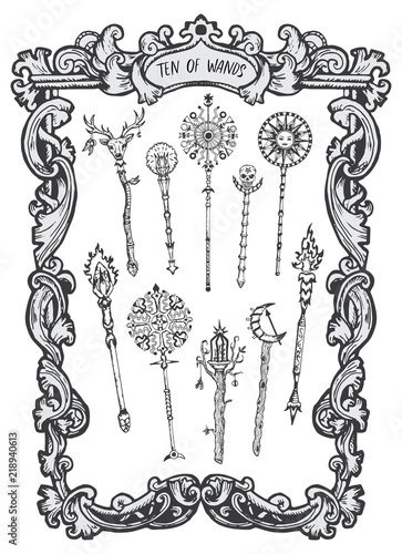Ten of wands. Minor Arcana tarot card. The Magic Gate deck. Fantasy engraved vector illustration with occult mysterious symbols and esoteric concept