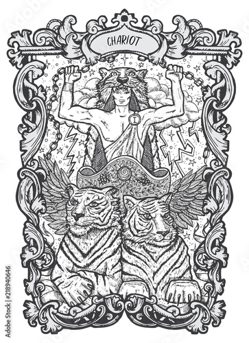 Chariot. Major Arcana tarot card. The Magic Gate deck. Fantasy engraved vector illustration with occult mysterious symbols and esoteric concept