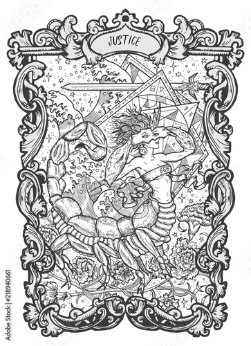 Justice. Major Arcana tarot card. The Magic Gate deck. Fantasy engraved vector illustration with occult mysterious symbols and esoteric concept