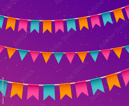 Banner with garland. Festive background with flags. Party invitation template. Traditional festive celebration. Festa Junina holidays banner. Festival colorful decoration. Vector