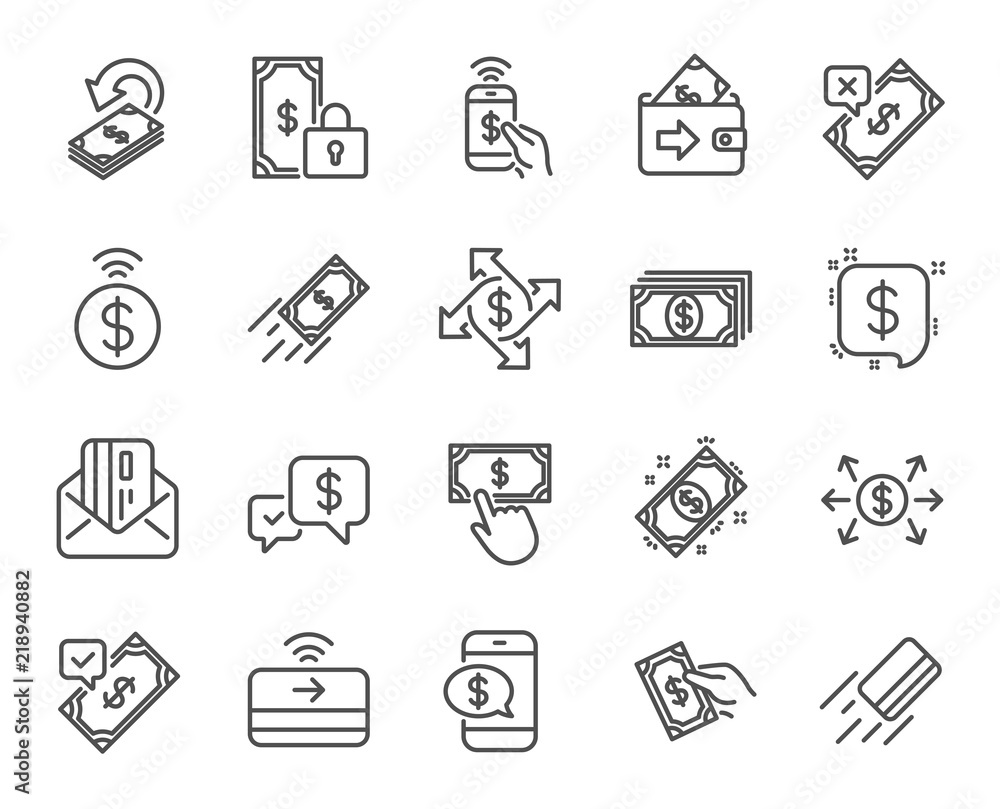 Payment line icons. Set of Accept transfer, Pay with Phone and Credit card by mail linear icons. Online payment, Dollar exchange and Fast money send symbols. Private pay, Cash and Wallet. Vector Payment line icons. Set of Accept transfer, Pay with Phone and Credit card by mail linear icons. Online payment, Dollar exchange and Fast money send symbols. Private pay, Cash and Wallet. Vector