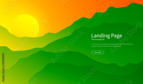 Mountain landscape. Majestic mountains background. Panorama view. Summer sunset in the hills. Hiking tourism. Green forest. Landing page concept. Vector