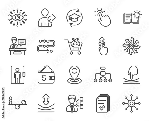 Artificial intelligence, Balance and Refer a friend line icons. Continuing education, Methodology and Exhibitors signs. Swipe up, Elastic and Click here symbols. Wallet with Dollars. Vector