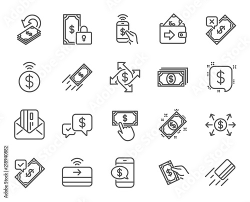 Payment line icons. Set of Accept transfer, Pay with Phone and Credit card by mail linear icons. Online payment, Dollar exchange and Fast money send symbols. Private pay, Cash and Wallet. Vector
