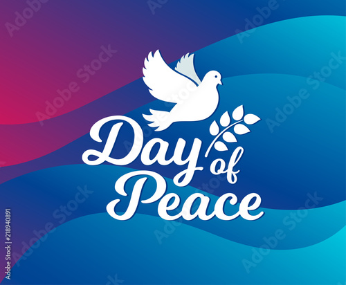 International day of peace. Concept illustration with dove of Peace day. Olive branch. Vector waves background.