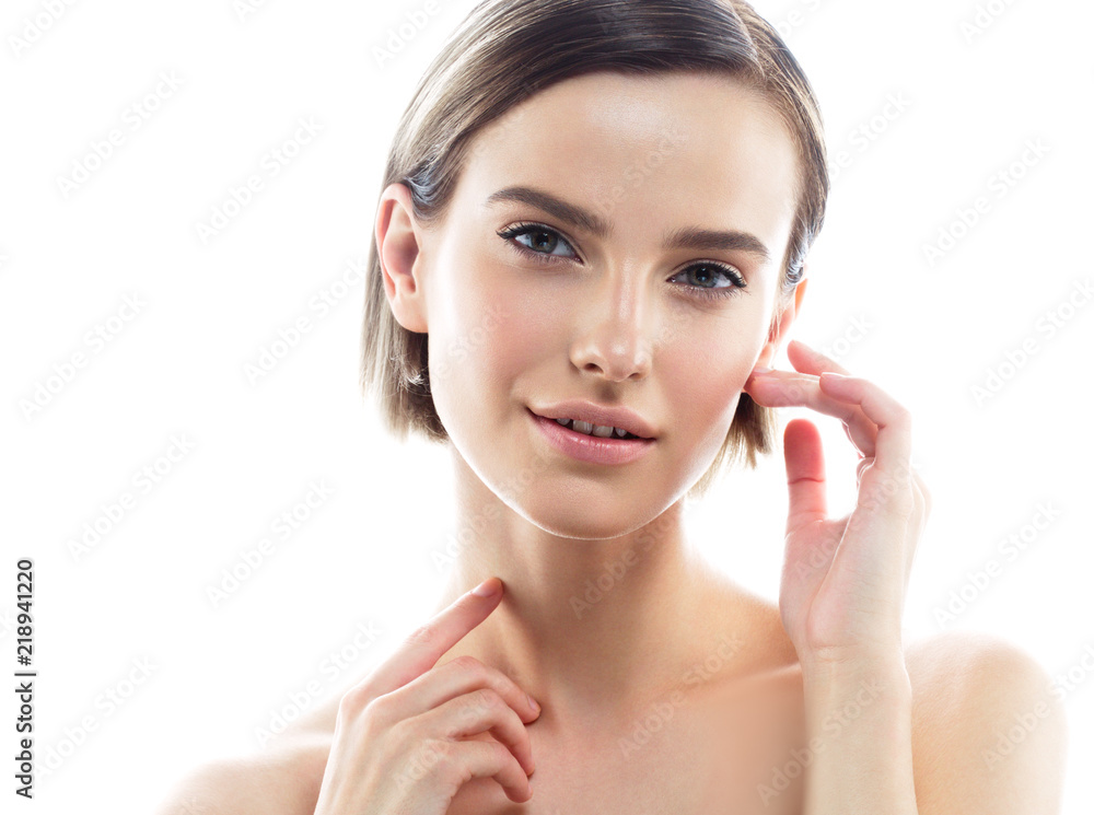 Beauty woman skin care face healthy blonde short hair and skin natural makeup isolated on white Beauty woman skin care face healthy blonde short hair and skin natural makeup isolated on white