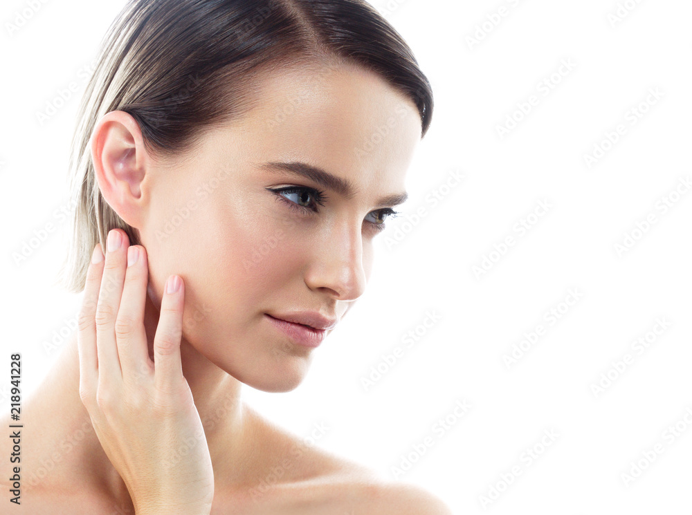 Beauty woman skin care face healthy blonde short hair and skin natural makeup isolated on white Beauty woman skin care face healthy blonde short hair and skin natural makeup isolated on white