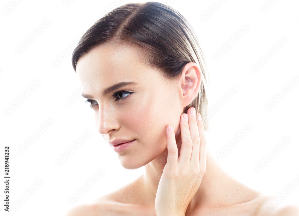 Beauty woman skin care face healthy blonde short hair and skin natural makeup isolated on white Beauty woman skin care face healthy blonde short hair and skin natural makeup isolated on white