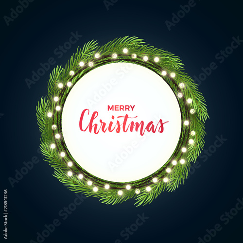 Round Christmas design with light bulb garland and green fir tree wreath on dark backround. Vector illustration. Template for banner, card or flyer.