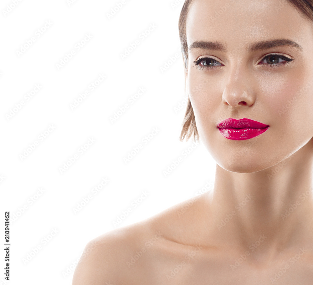 Beauty woman skin care face healthy blonde short hair and skin natural makeup isolated on white Beauty woman skin care face healthy blonde short hair and skin natural makeup isolated on white