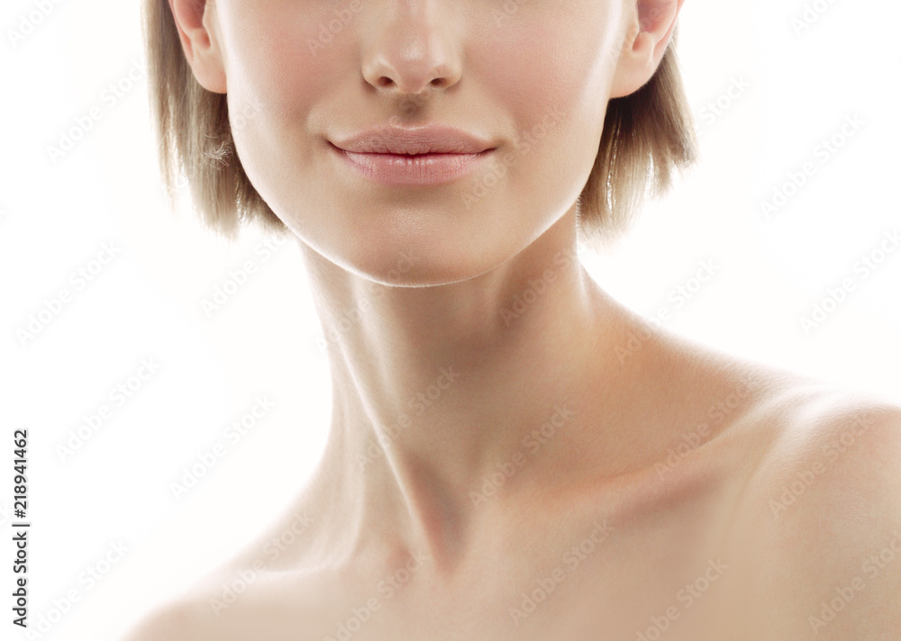 Beauty woman skin care face healthy blonde short hair and skin natural makeup isolated on white Beauty woman skin care face healthy blonde short hair and skin natural makeup isolated on white