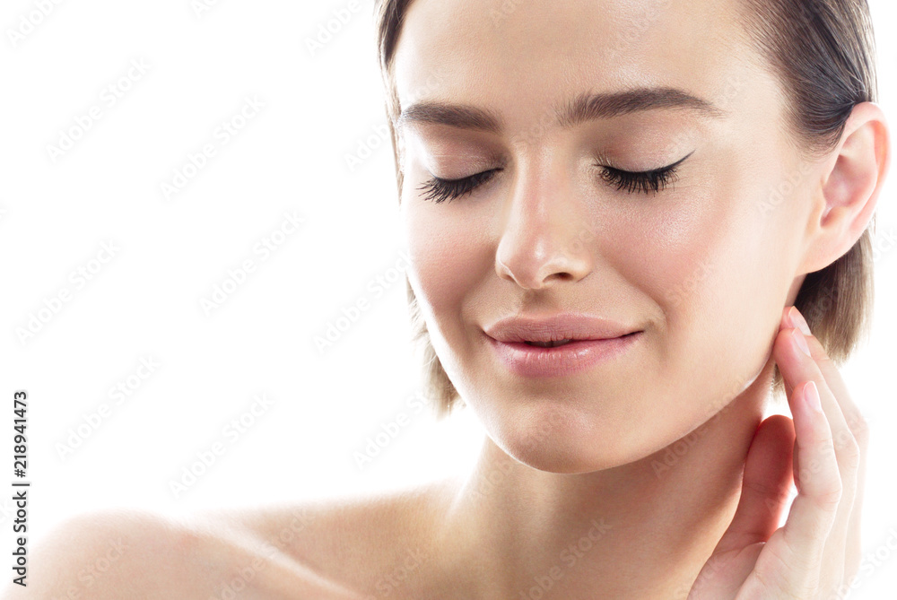 Beauty woman skin care face healthy blonde short hair and skin natural makeup isolated on white Beauty woman skin care face healthy blonde short hair and skin natural makeup isolated on white