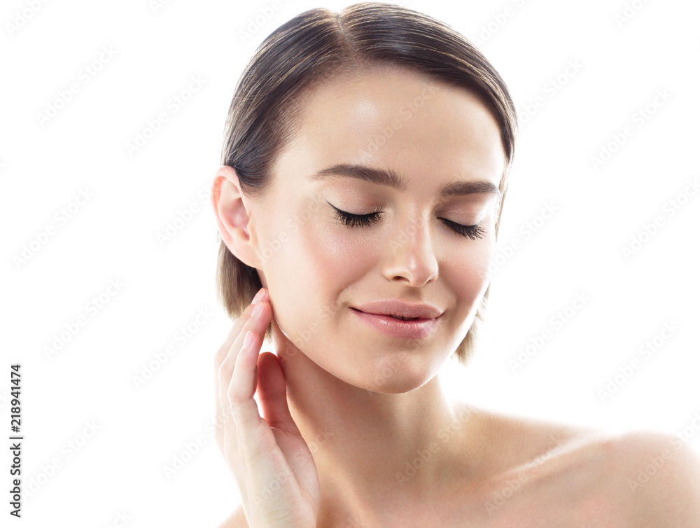 Beauty woman skin care face healthy blonde short hair and skin natural makeup isolated on white Beauty woman skin care face healthy blonde short hair and skin natural makeup isolated on white