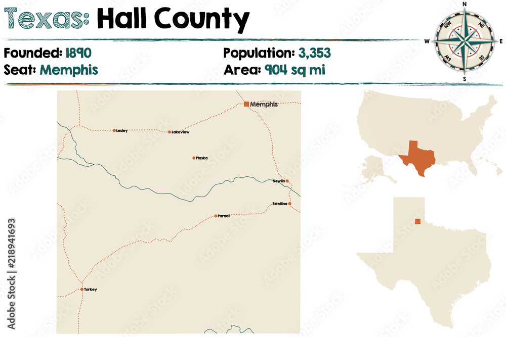 Detailed map of Hall county in Texas, USA.
